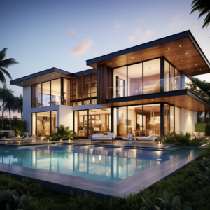 modern home in south florida with several floor to ceiling impact windows and a pool